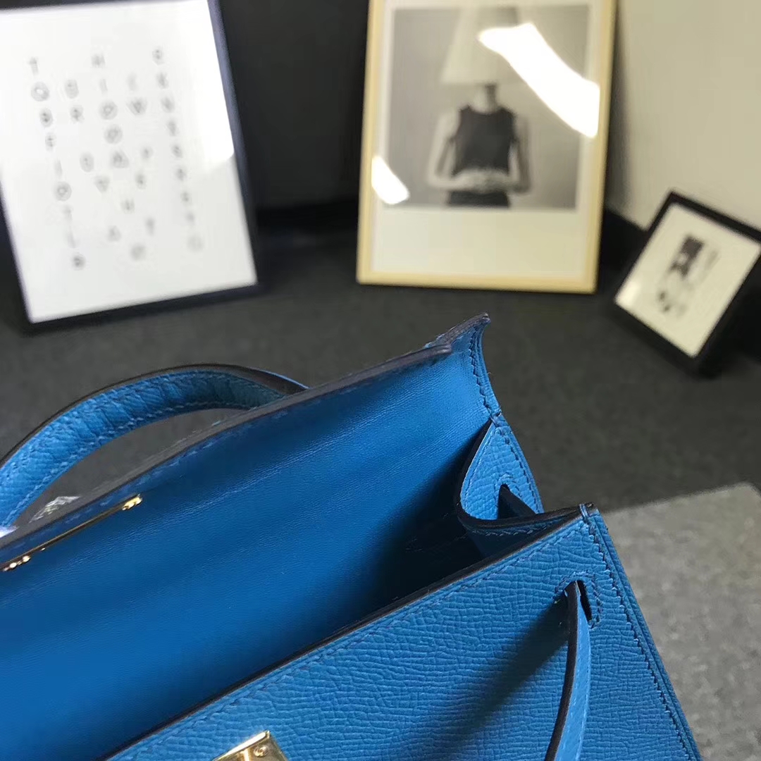 Hermès（爱马仕）7W伊兹密尔蓝 原厂御用顶级Epsom 皮 Mini Kelly 二代 金扣