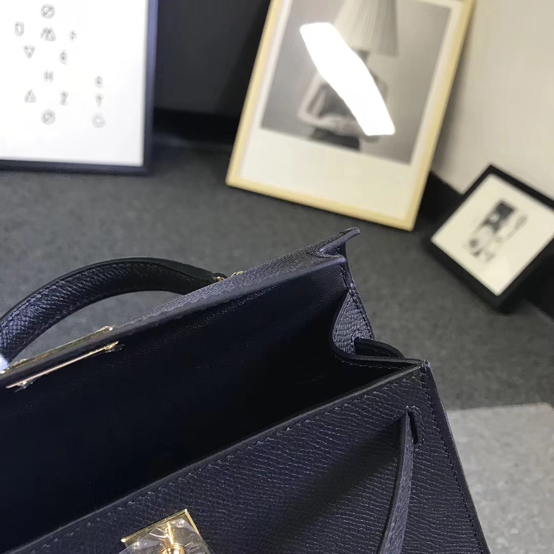 Hermès（爱马仕）黑色 原厂御用顶级Epsom 皮 Mini Kelly 二代 金扣 银扣 现货