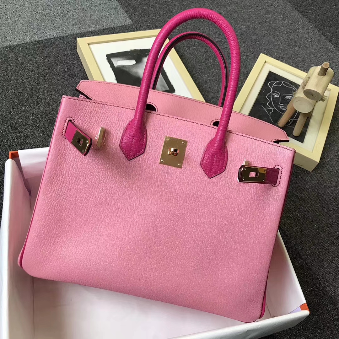 Hermès（爱马仕）5P樱花粉拼E5糖果粉 原厂御用顶级山羊皮 Birkin 30 金扣
