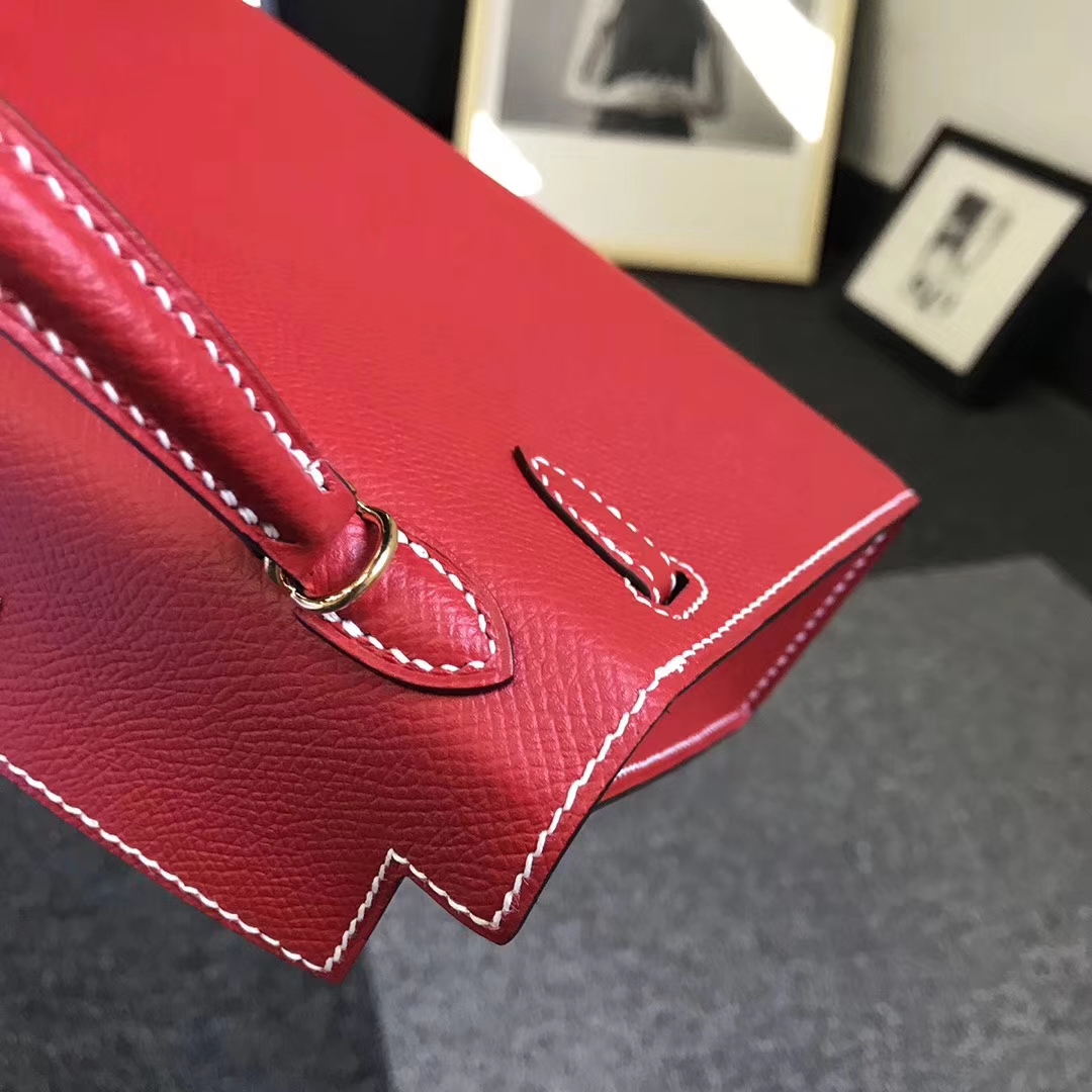 Hermès（爱马仕）Q5 中国红 白色线 原厂御用顶级Epsom 皮 Mini Kelly 二代 金扣 现货