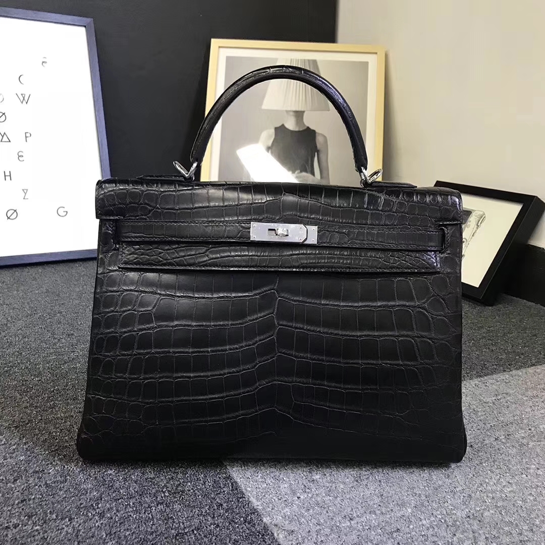 Hermès（爱马仕）黑色 原厂御用顶级鳄鱼皮 Kelly 35 内缝 银扣