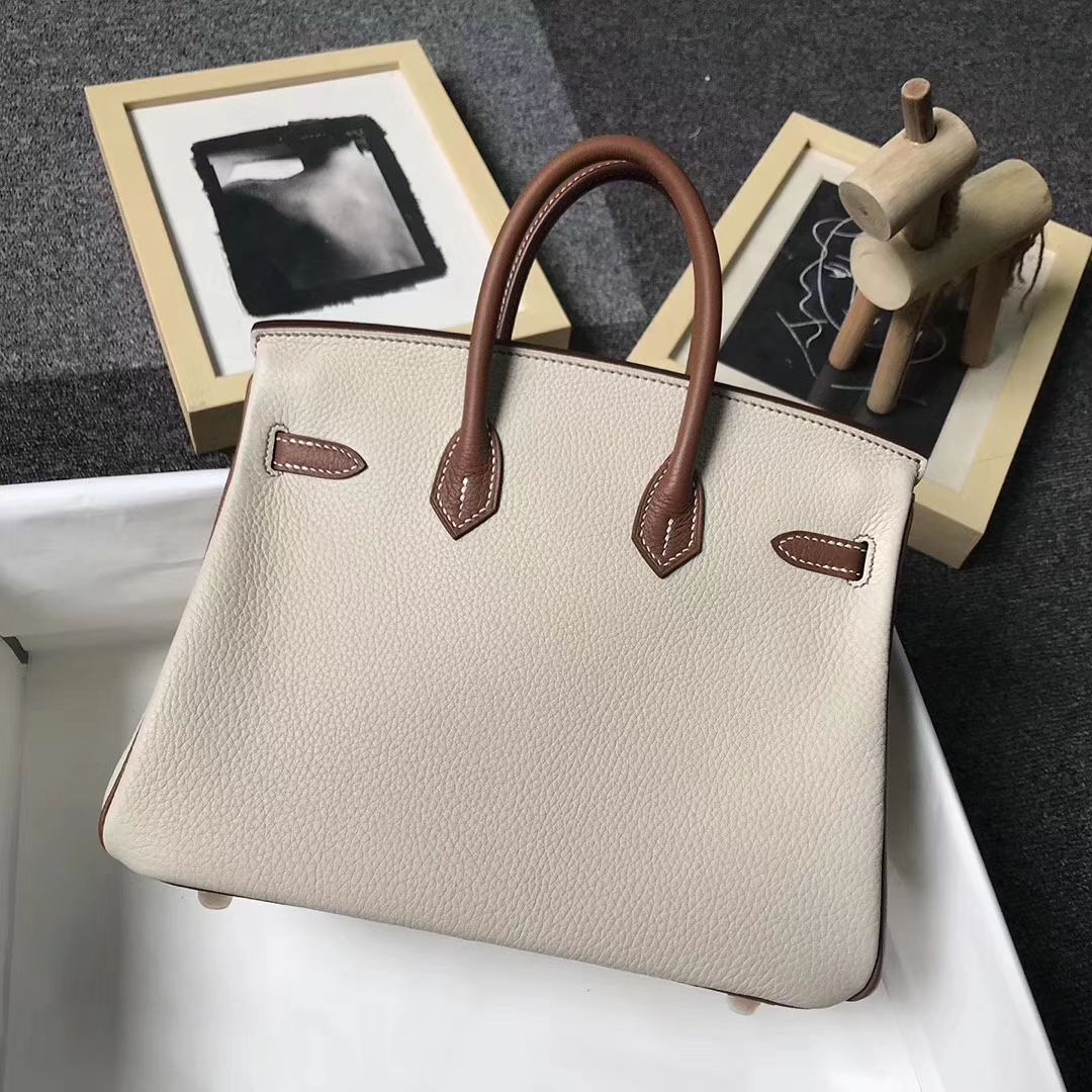 Hermès（爱马仕）奶昔白拼金棕色 原厂御用顶级小牛皮 Birkin 25 金扣