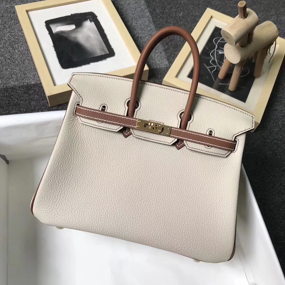 Hermès（爱马仕）奶昔白拼金棕色 原厂御用顶级小牛皮 Birkin 25 金扣