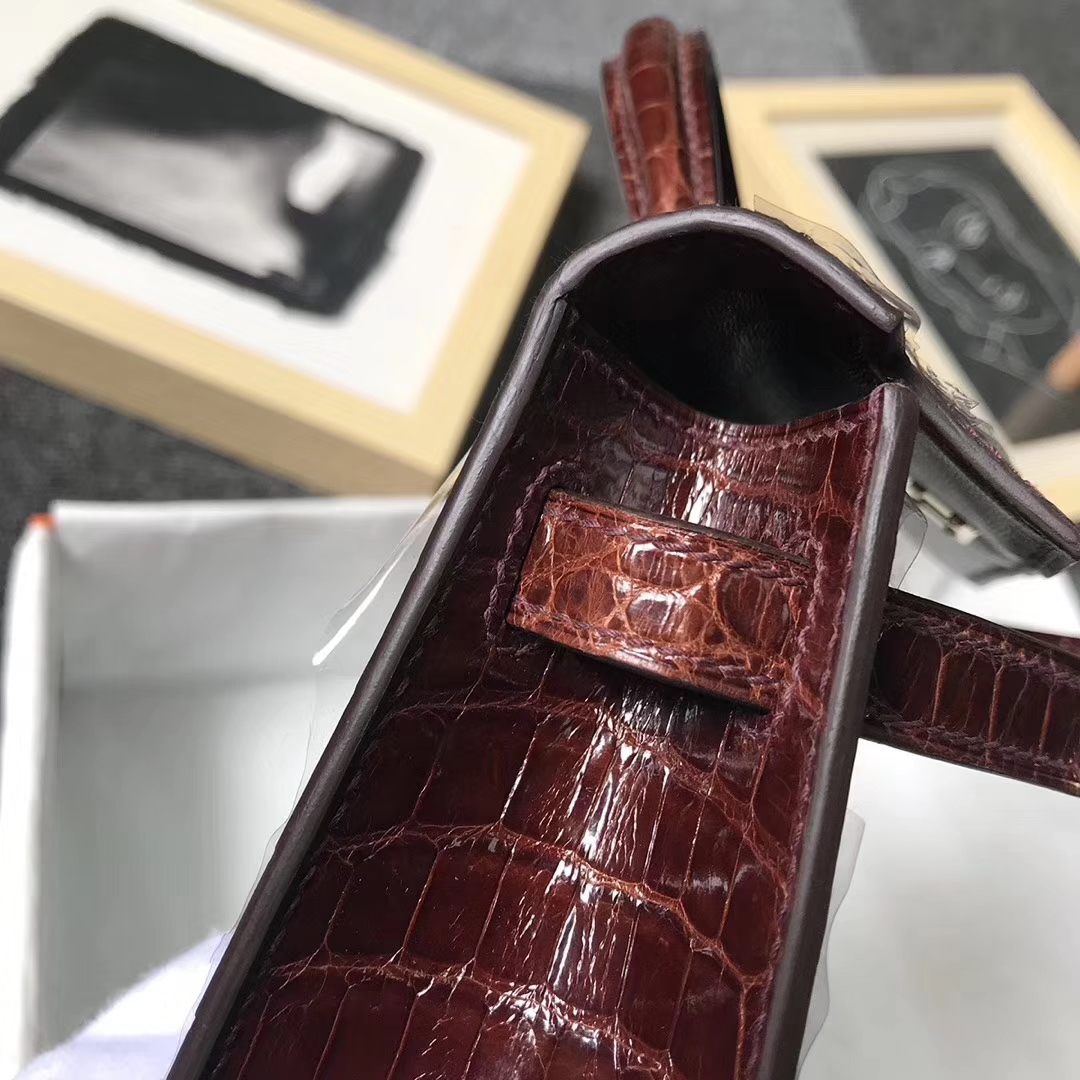 Hermès（爱马仕）棕红色 亮面鳄鱼皮 Mini Kelly 二代 金扣