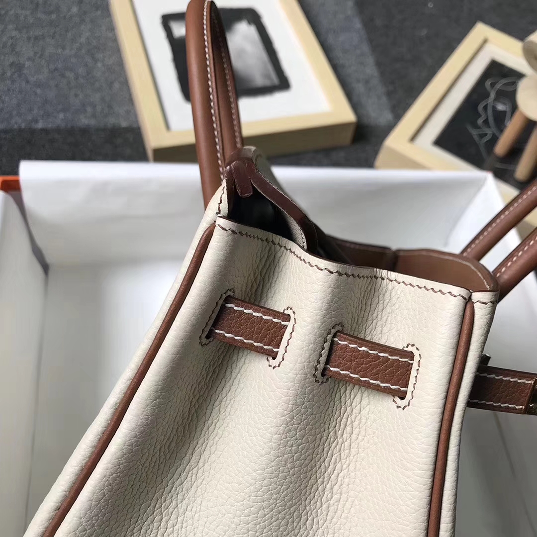 Hermès（爱马仕）奶昔白拼金棕色 原厂御用顶级小牛皮 Birkin 25 金扣