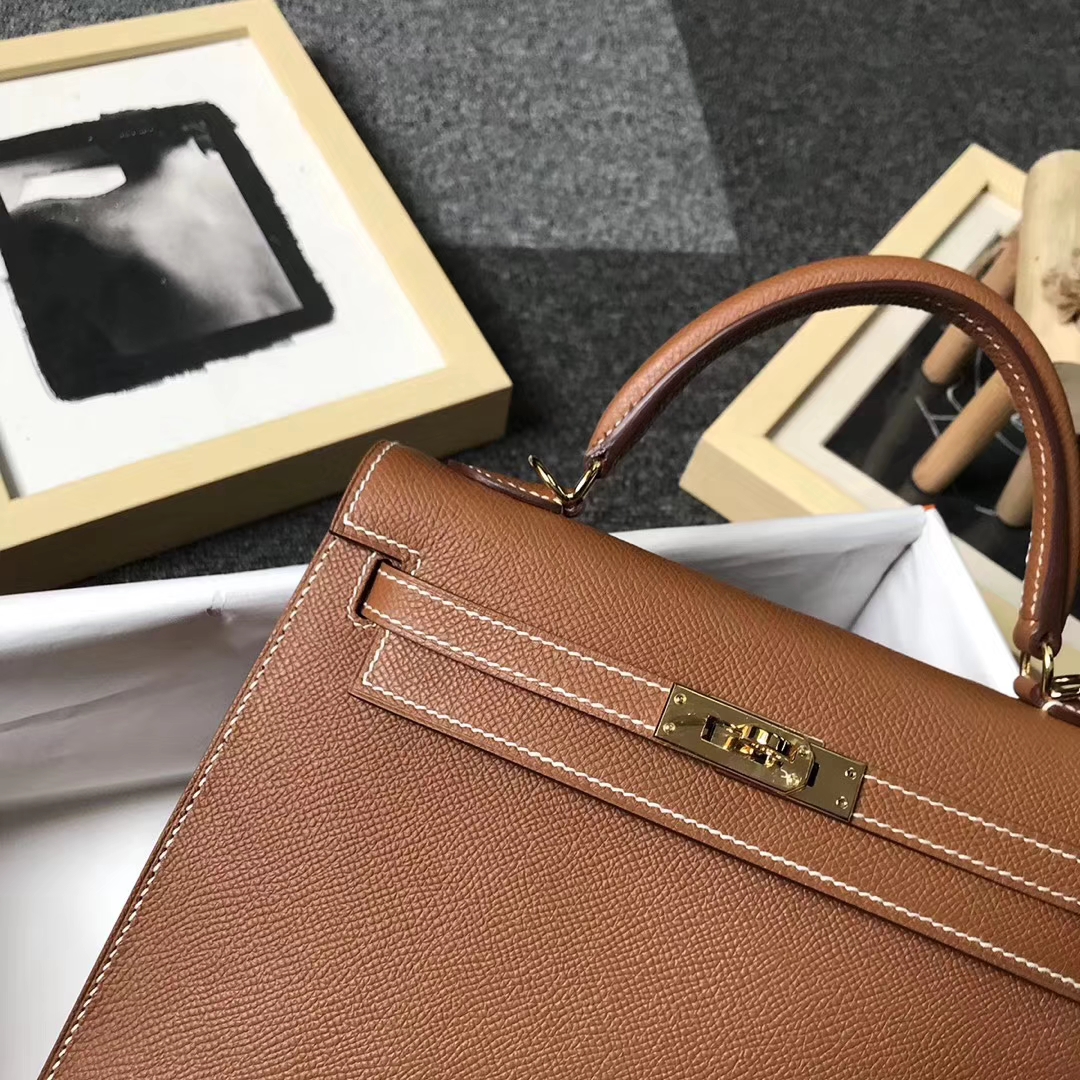 Hermès（爱马仕）金棕色 原厂御用顶级Epsom 皮 Kelly 25 外缝 金扣 现货