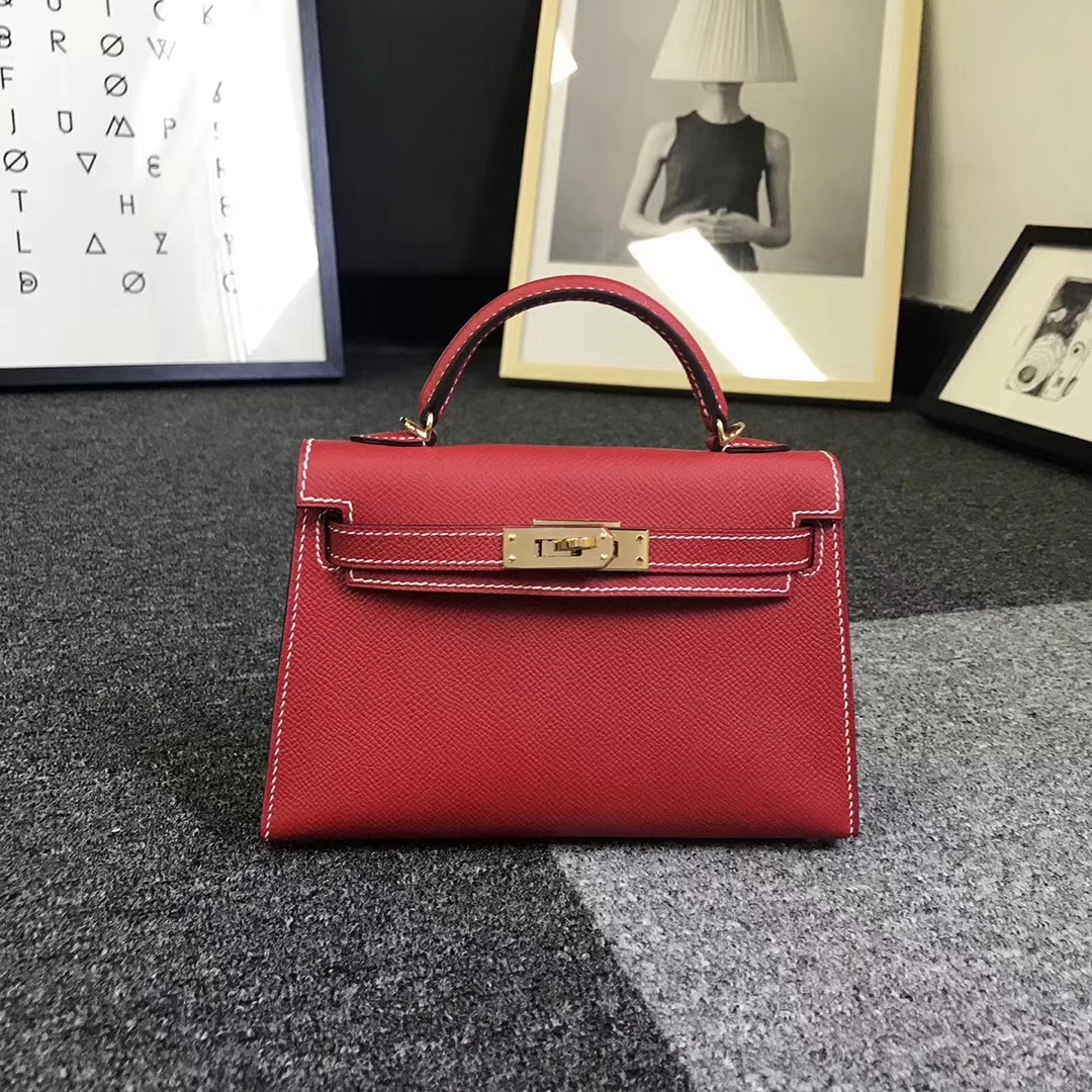 Hermès（爱马仕）Q5 中国红 白色线 原厂御用顶级Epsom 皮 Mini Kelly 二代 金扣 现货