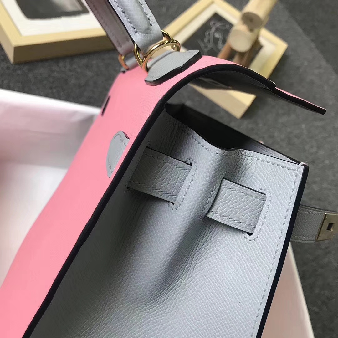 Hermès（爱马仕）1Q奶昔粉拼8U冰川蓝 原厂御用顶级Epsom 皮 Kelly 28 外缝 金扣