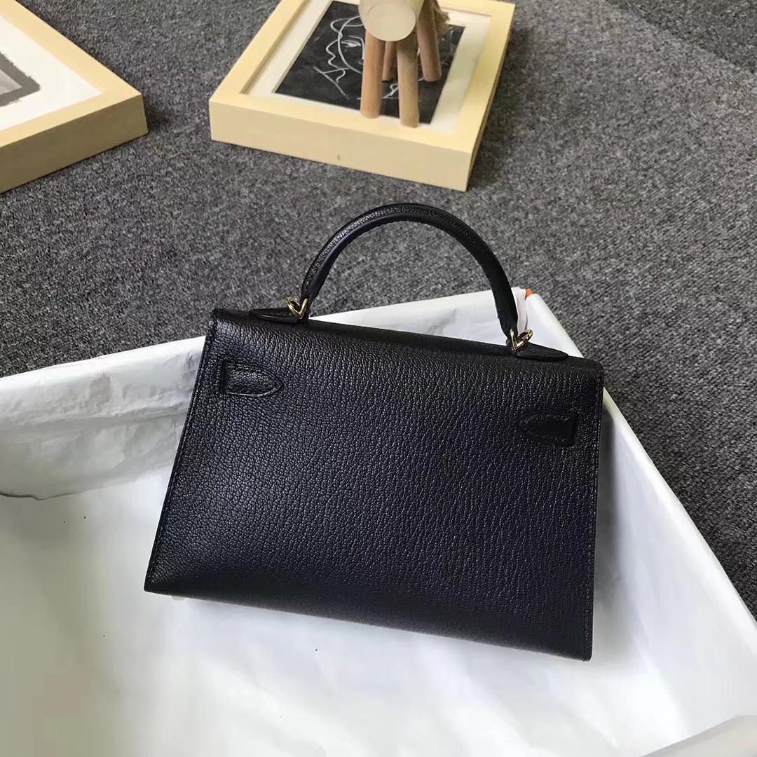 Hermès（爱马仕）黑色 原厂御用顶级山羊皮 Mini Kelly 二代 金扣 现货