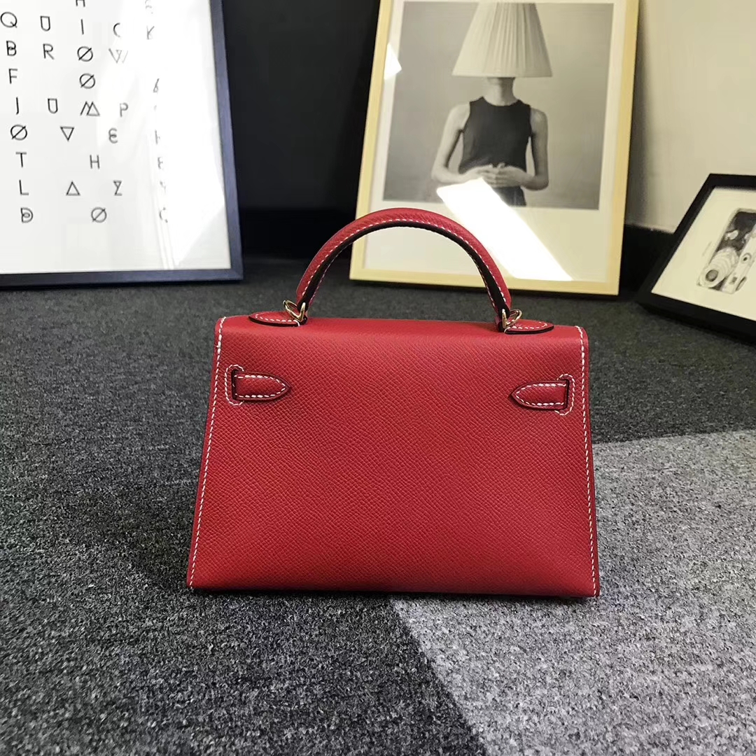 Hermès（爱马仕）Q5 中国红 白色线 原厂御用顶级Epsom 皮 Mini Kelly 二代 金扣 现货