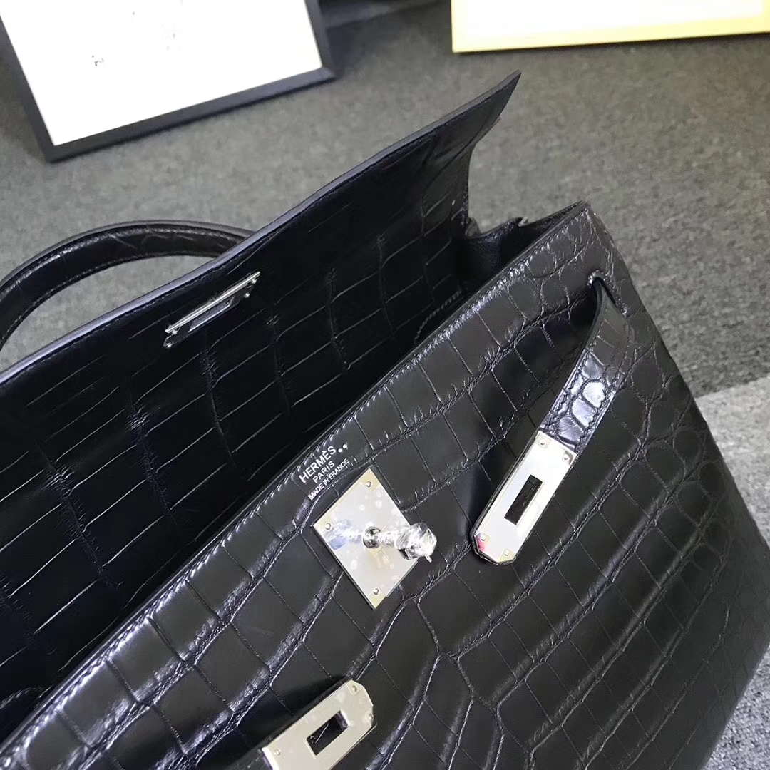 Hermès（爱马仕）黑色 原厂御用顶级鳄鱼皮 Kelly 35 内缝 银扣