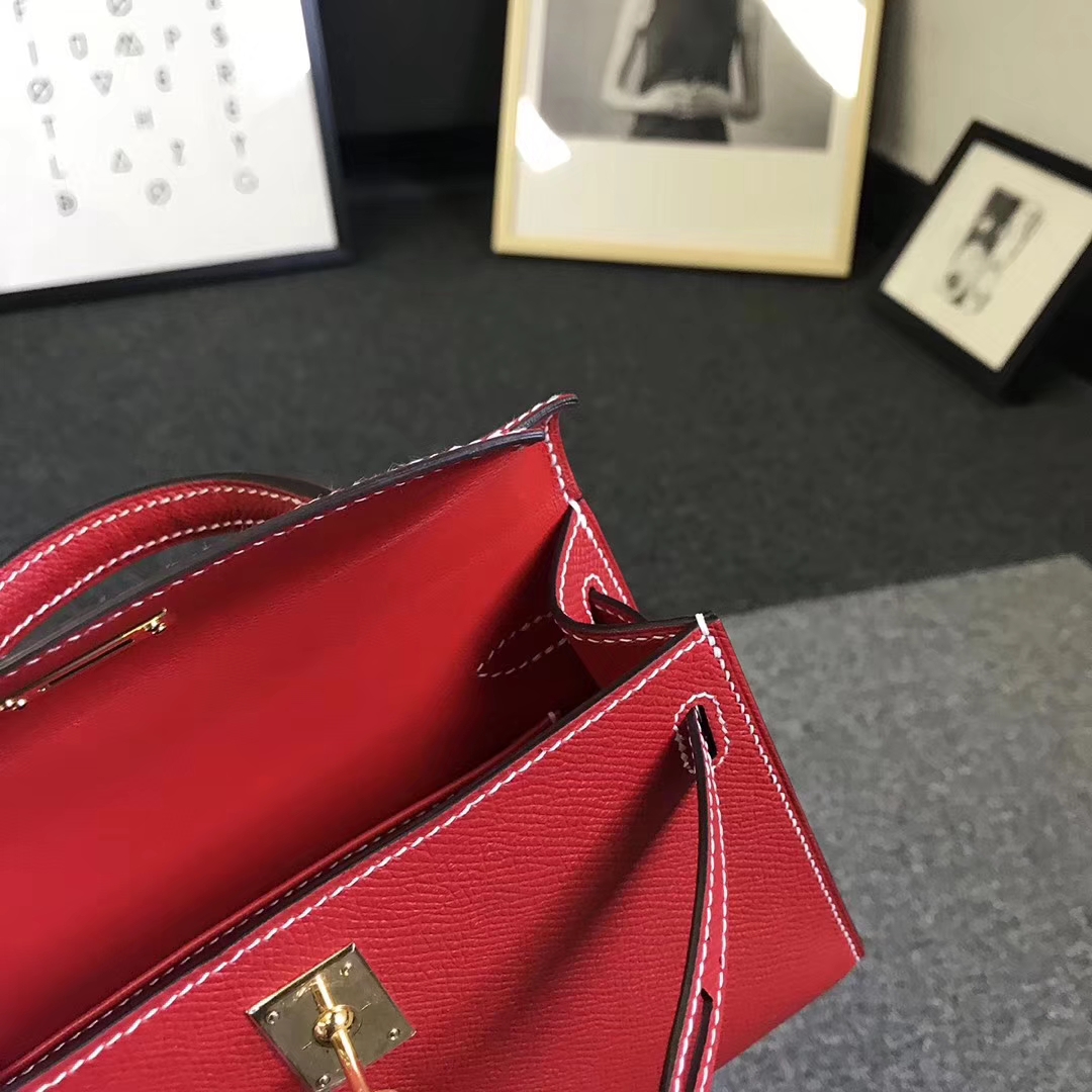 Hermès（爱马仕）Q5 中国红 白色线 原厂御用顶级Epsom 皮 Mini Kelly 二代 金扣 现货