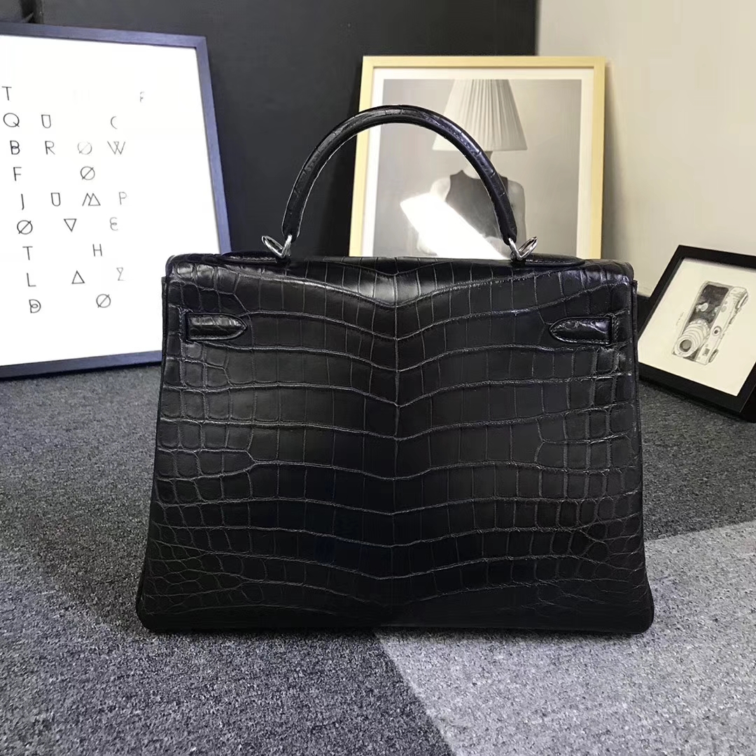 Hermès（爱马仕）黑色 原厂御用顶级鳄鱼皮 Kelly 35 内缝 银扣