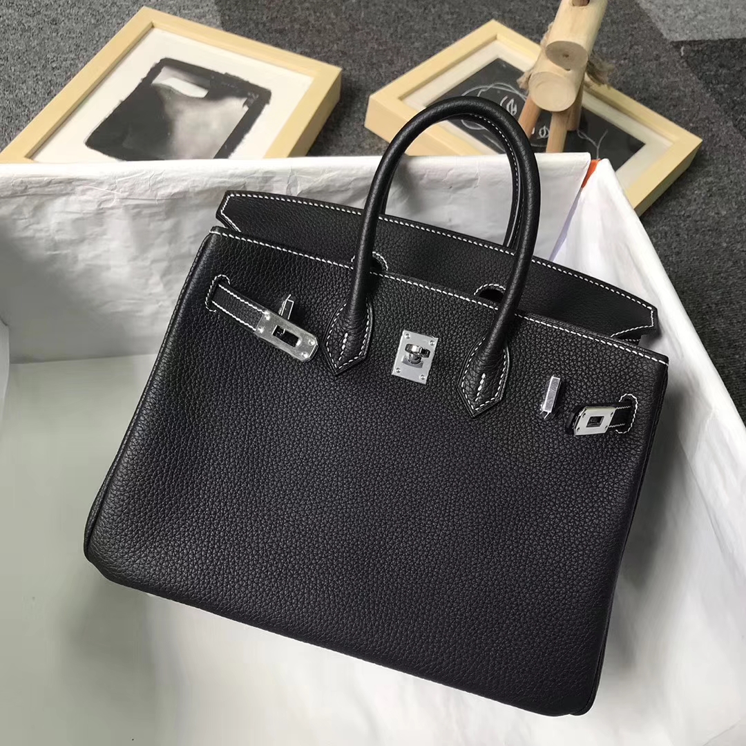 Hermès（爱马仕）黑色 走白色线 原厂御用顶级小牛皮 Birkin 25 银扣