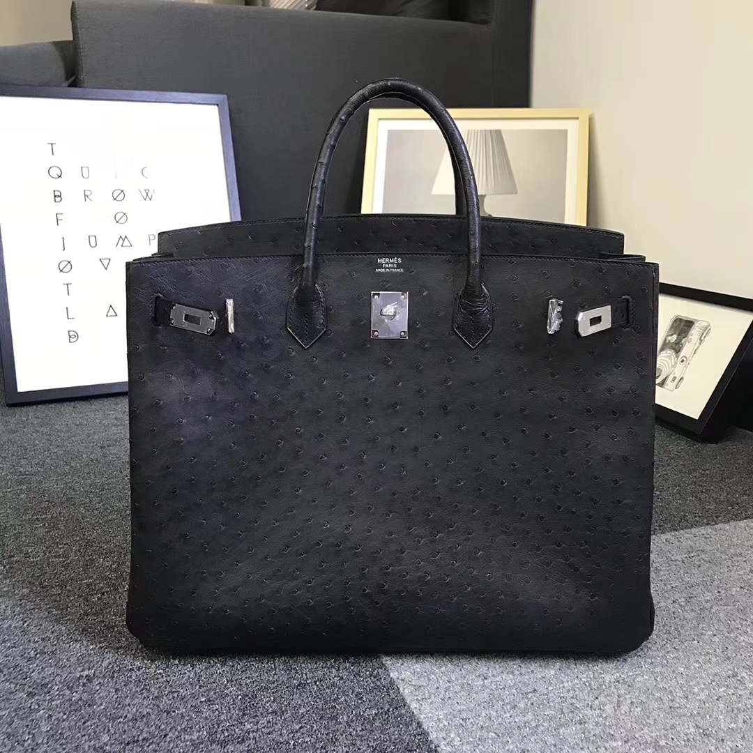 Hermès（爱马仕）黑色 原厂御用顶级鸵鸟皮 Birkin 40 金扣