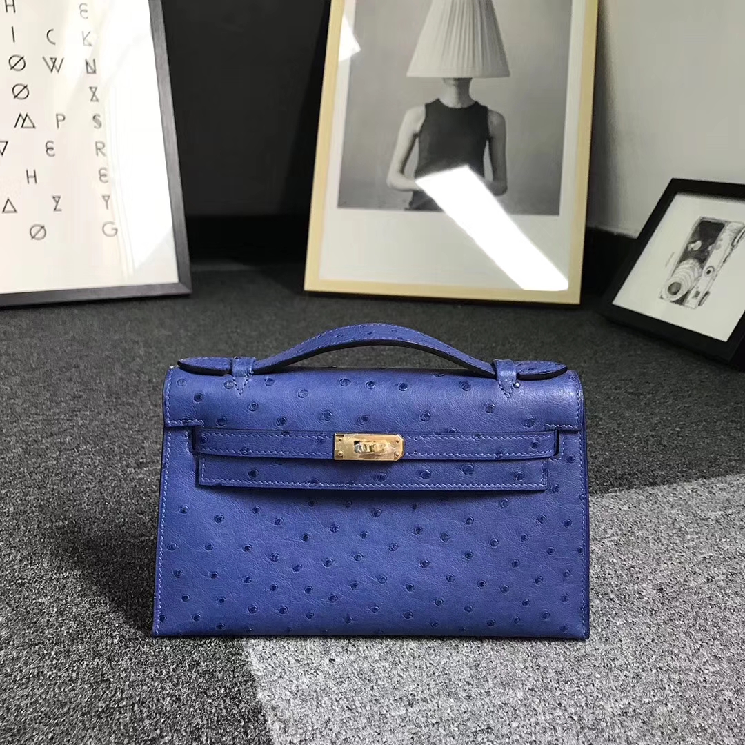 Hermès（爱马仕）电光蓝 原厂御用顶级鸵鸟皮 Mini Kelly