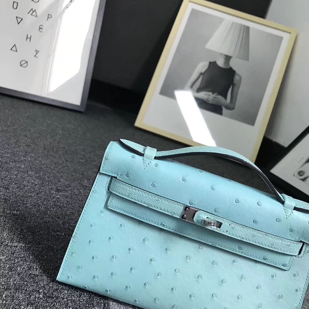 Hermès（爱马仕）马卡龙蓝 原厂御用顶级鸵鸟皮 Mini Kelly