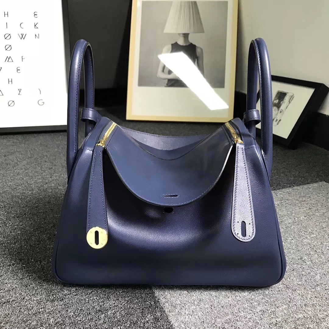 Hermès（爱马仕）宝石蓝拼罂粟橘色 原厂御用顶级Swift 皮 Lindy 30 金扣 现货