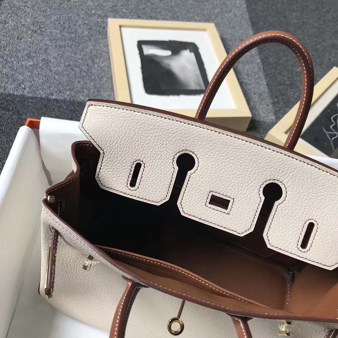 Hermès（爱马仕）奶昔白拼金棕色 原厂御用顶级小牛皮 Birkin 25 金扣