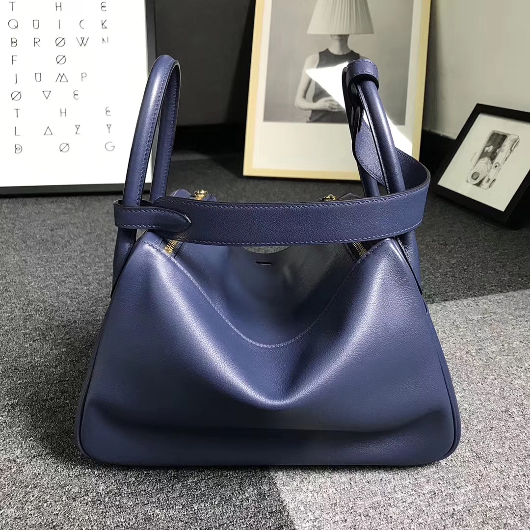Hermès（爱马仕）宝石蓝拼罂粟橘色 原厂御用顶级Swift 皮 Lindy 30 金扣 现货