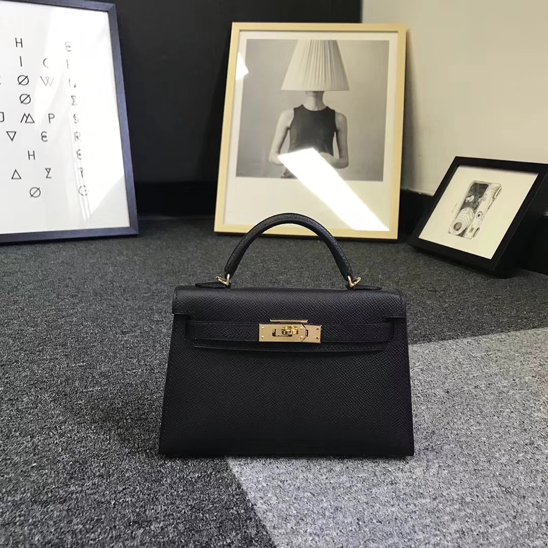 Hermès（爱马仕）黑色 原厂御用顶级Epsom 皮 Mini Kelly 二代 金扣 银扣 现货
