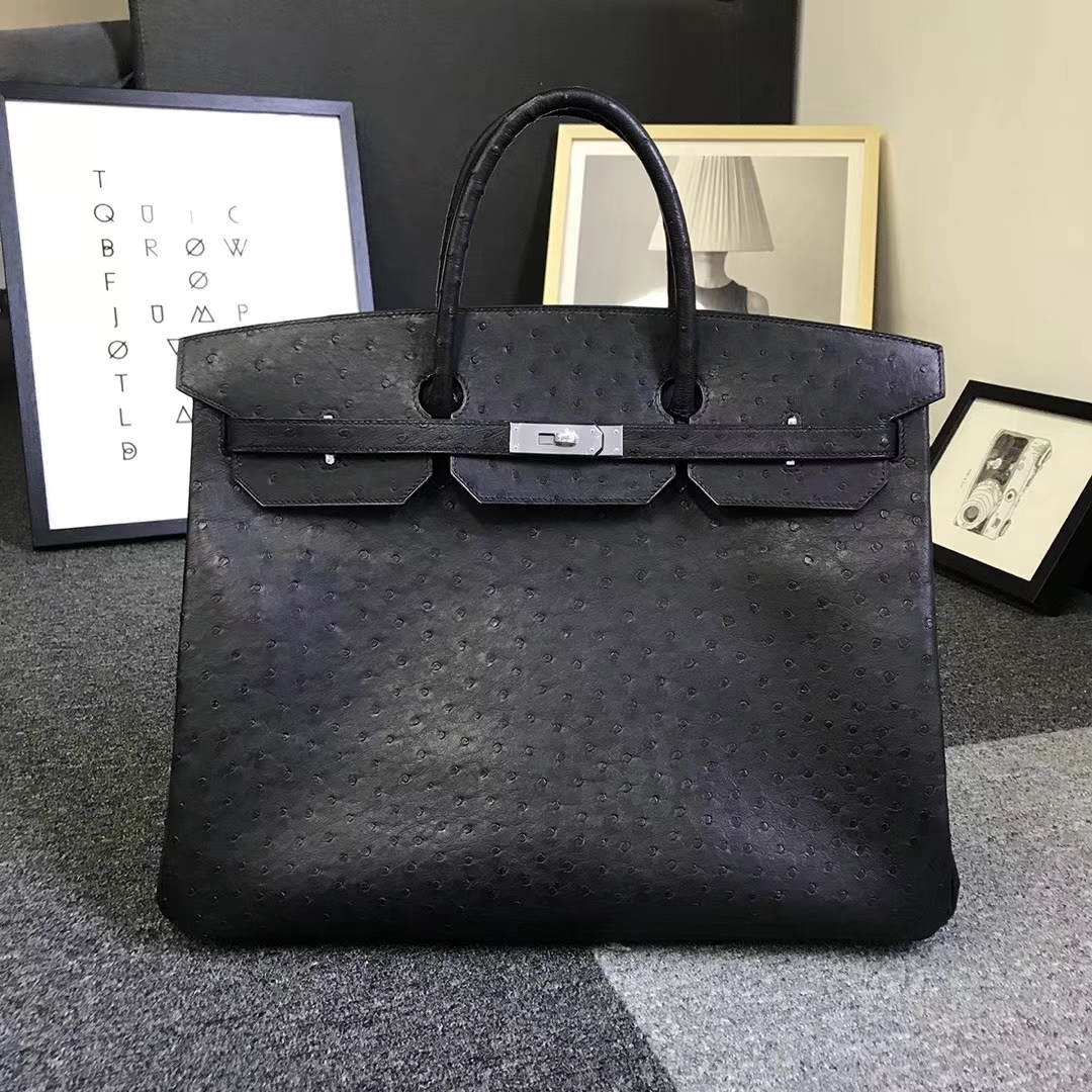 Hermès（爱马仕）黑色 原厂御用顶级鸵鸟皮 Birkin 40 金扣
