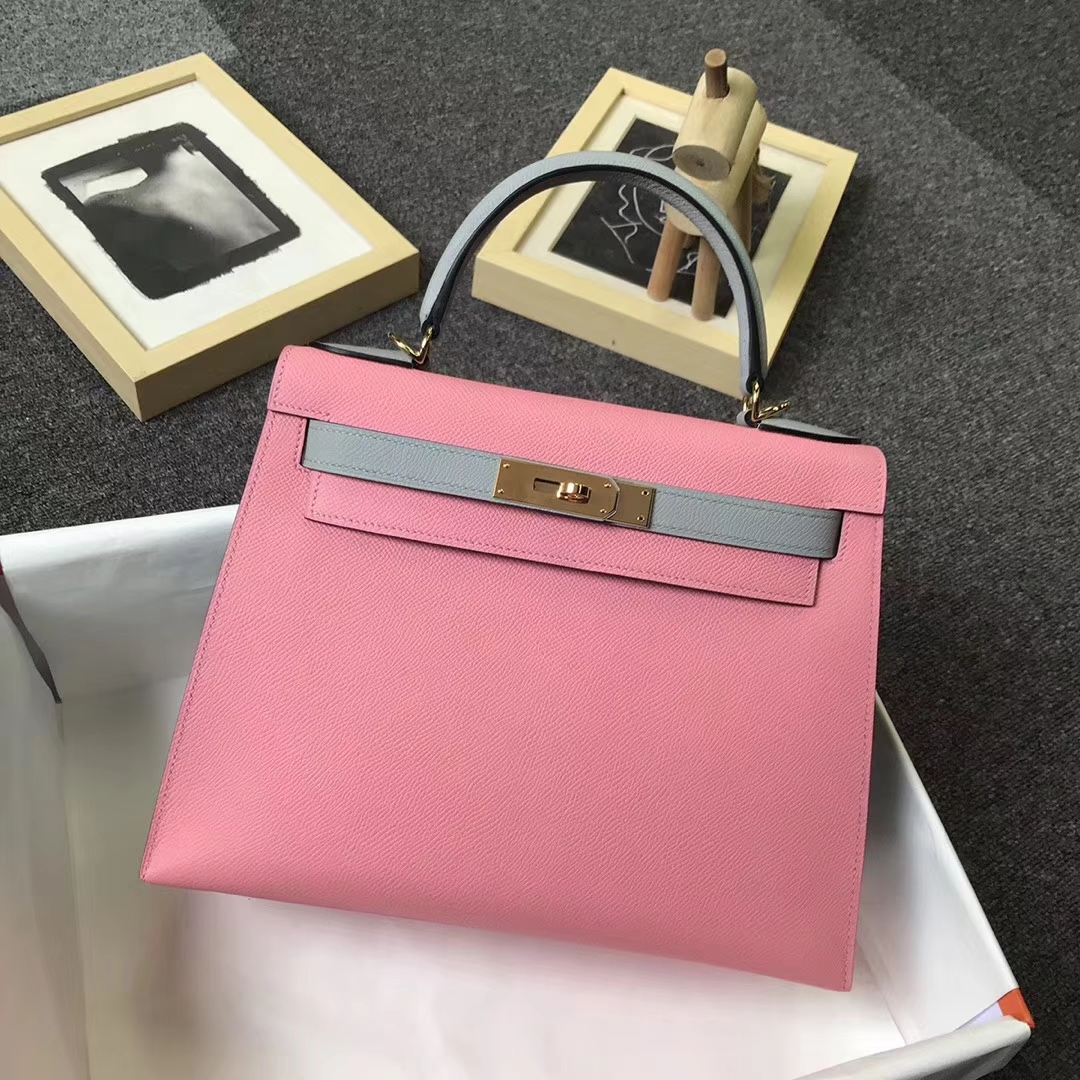 Hermès（爱马仕）1Q奶昔粉拼8U冰川蓝 原厂御用顶级Epsom 皮 Kelly 28 外缝 金扣