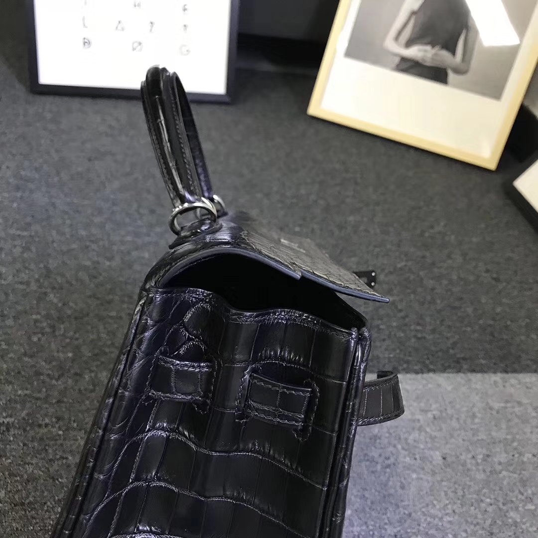 Hermès（爱马仕）黑色 原厂御用顶级鳄鱼皮 Kelly 35 内缝 银扣