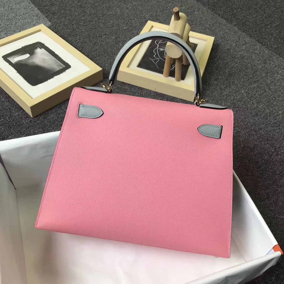 Hermès（爱马仕）1Q奶昔粉拼8U冰川蓝 原厂御用顶级Epsom 皮 Kelly 28 外缝 金扣