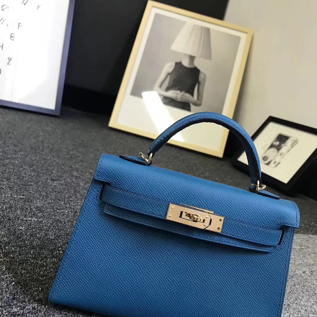 Hermès（爱马仕）7W伊兹密尔蓝 原厂御用顶级Epsom 皮 Mini Kelly 二代 金扣