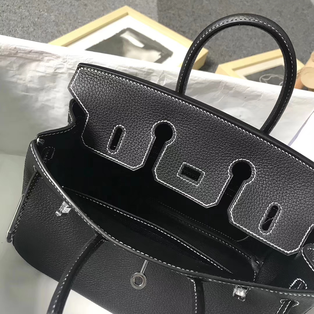 Hermès（爱马仕）黑色 走白色线 原厂御用顶级小牛皮 Birkin 25 银扣