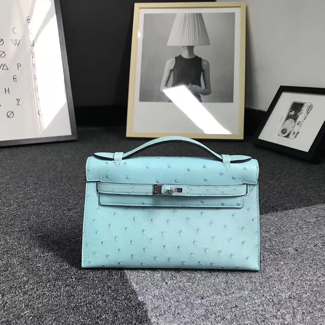 Hermès（爱马仕）马卡龙蓝 原厂御用顶级鸵鸟皮 Mini Kelly
