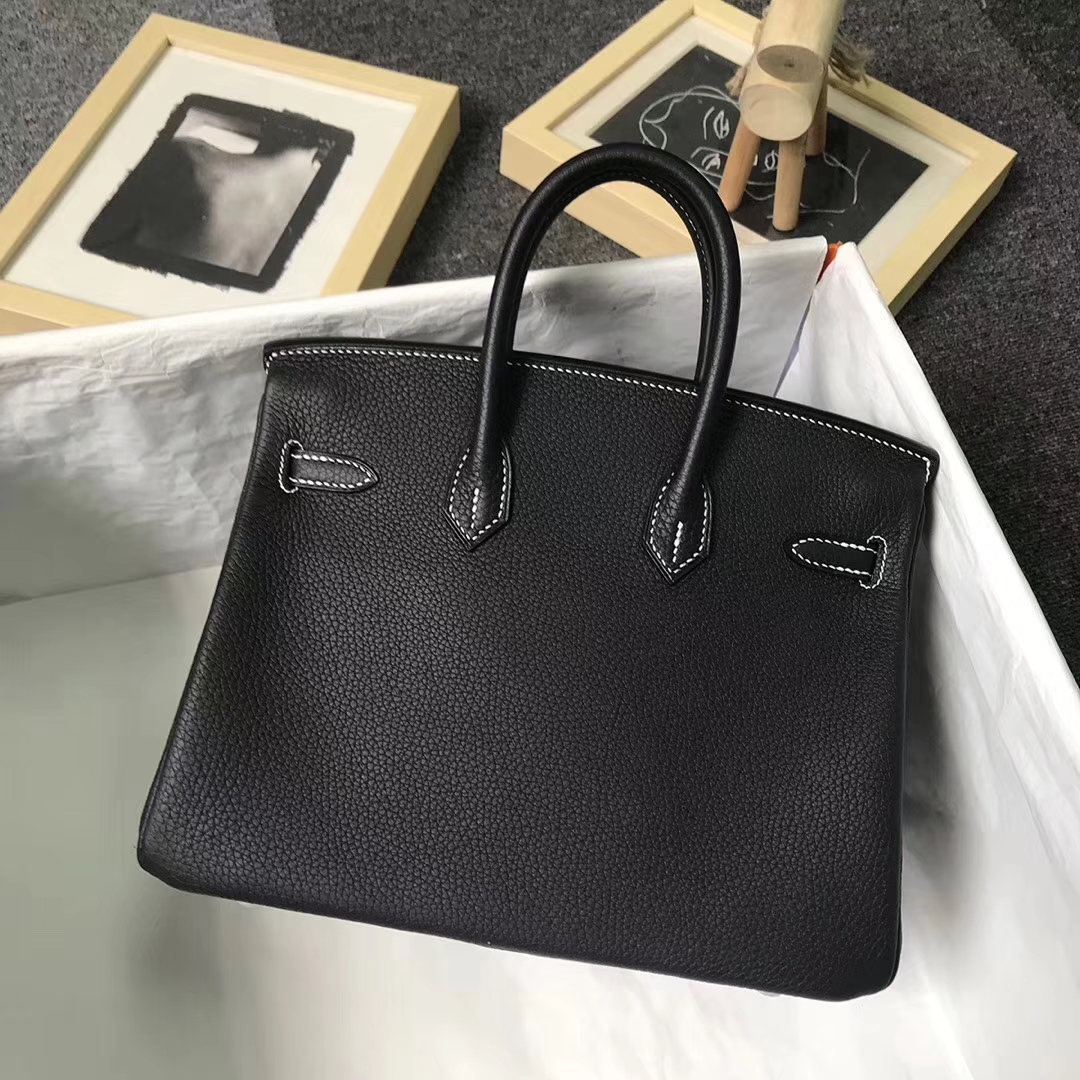 Hermès（爱马仕）黑色 走白色线 原厂御用顶级小牛皮 Birkin 25 银扣