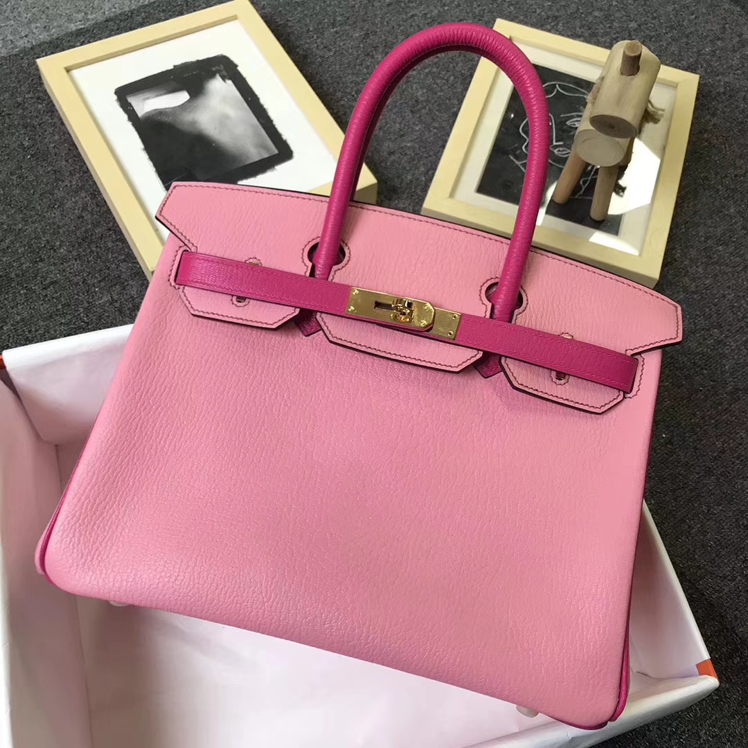 Hermès（爱马仕）5P樱花粉拼E5糖果粉 原厂御用顶级山羊皮 Birkin 30 金扣