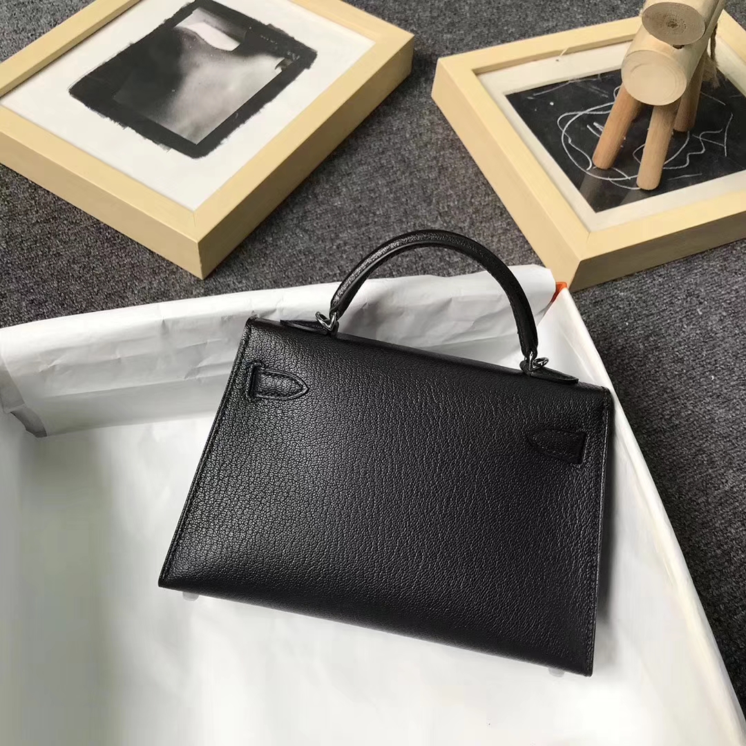 Hermès（爱马仕）黑色 原厂御用顶级山羊皮 Mini Kelly 二代 金扣 现货 银扣