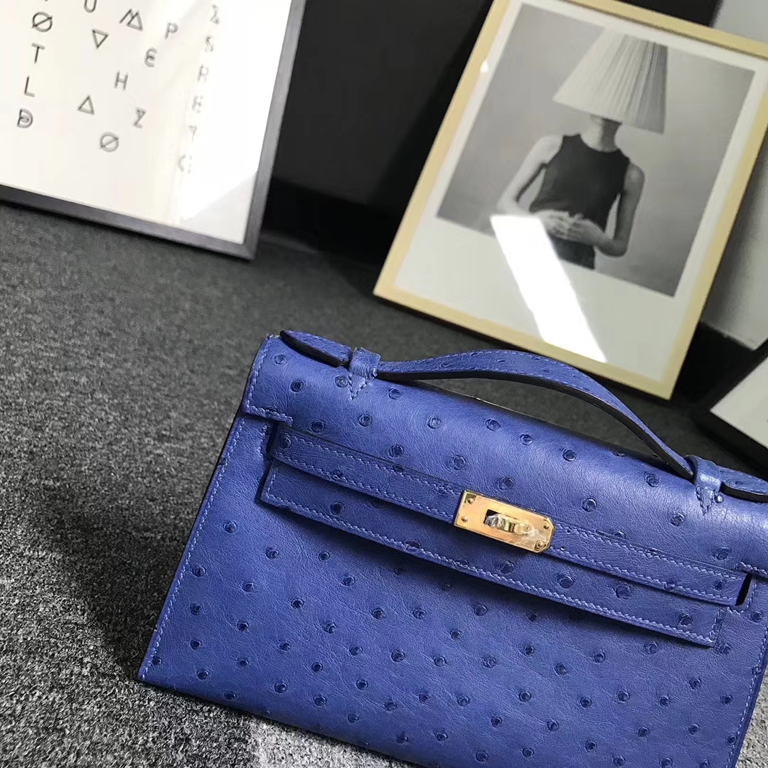 Hermès（爱马仕）电光蓝 原厂御用顶级鸵鸟皮 Mini Kelly