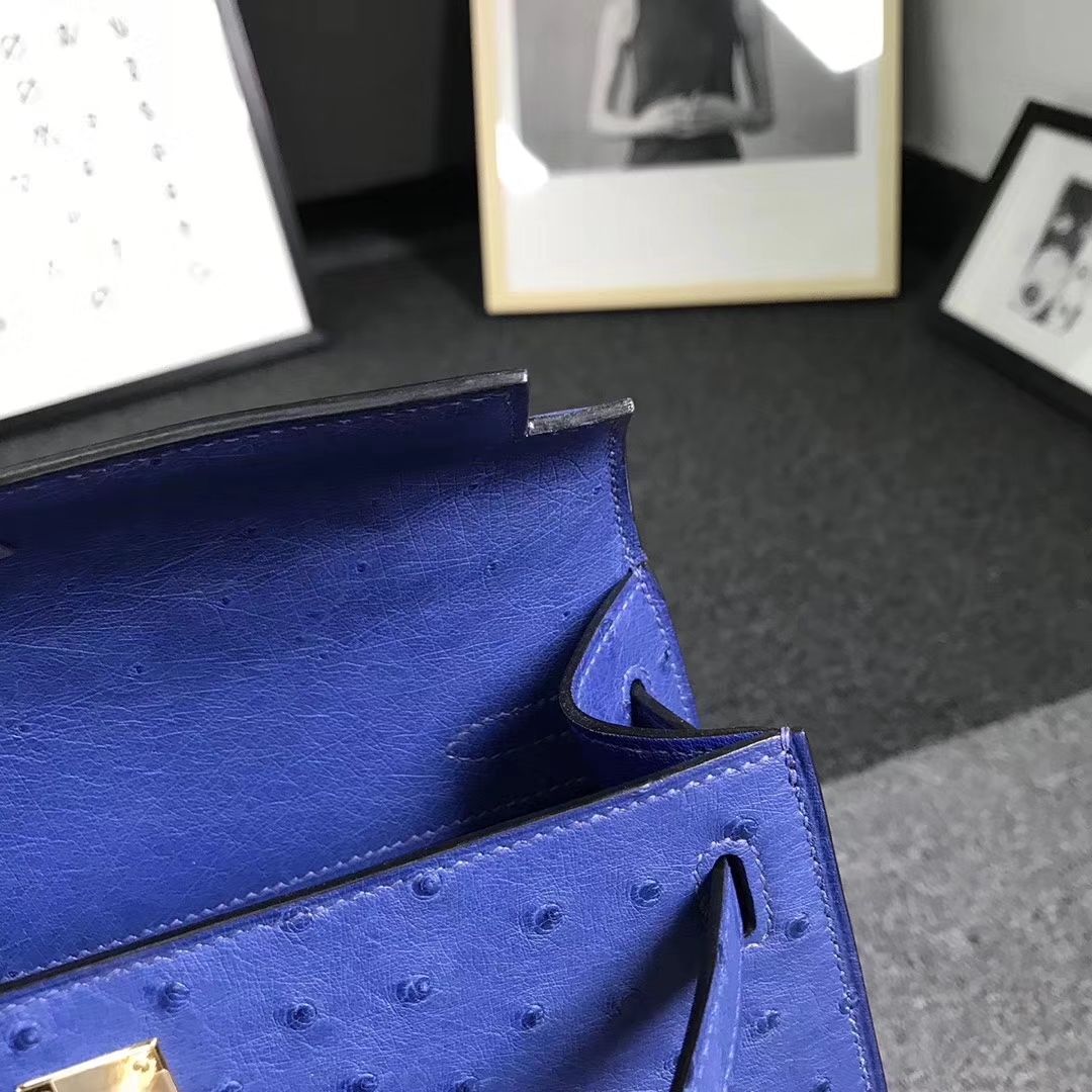 Hermès（爱马仕）电光蓝 原厂御用顶级鸵鸟皮 Mini Kelly