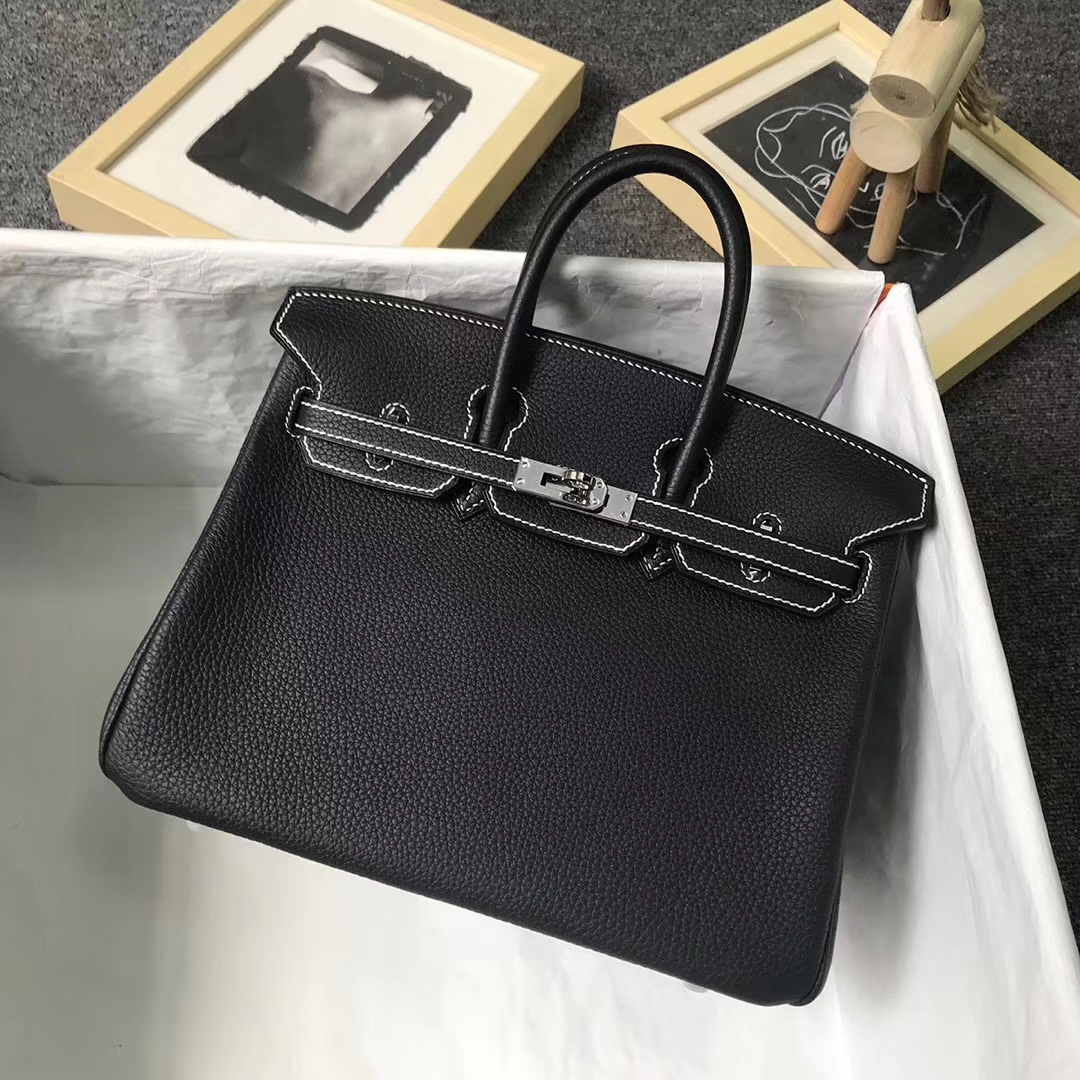 Hermès（爱马仕）黑色 走白色线 原厂御用顶级小牛皮 Birkin 25 银扣
