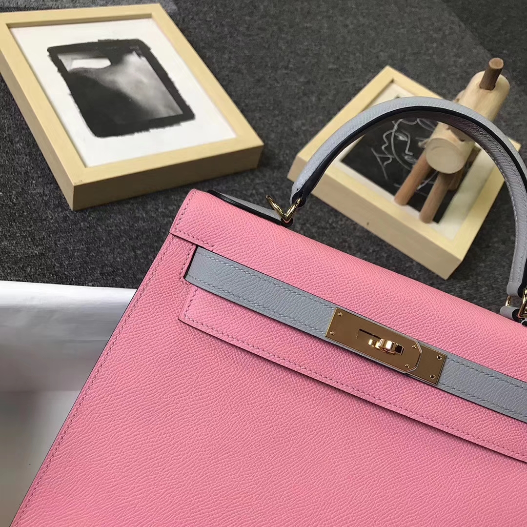 Hermès（爱马仕）1Q奶昔粉拼8U冰川蓝 原厂御用顶级Epsom 皮 Kelly 28 外缝 金扣