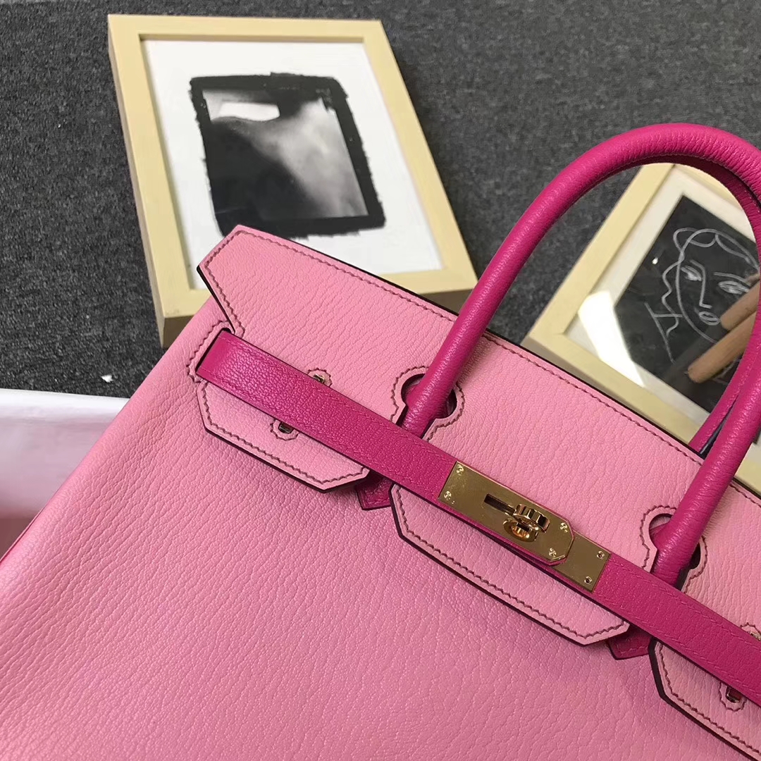 Hermès（爱马仕）5P樱花粉拼E5糖果粉 原厂御用顶级山羊皮 Birkin 30 金扣