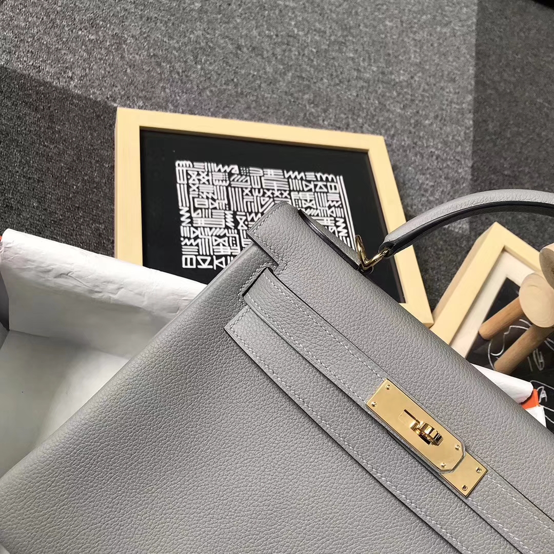 Hermès（爱马仕）4Z海鸥灰内拼玛瑙蓝 原厂御用顶级小牛皮 Kelly 28 金扣