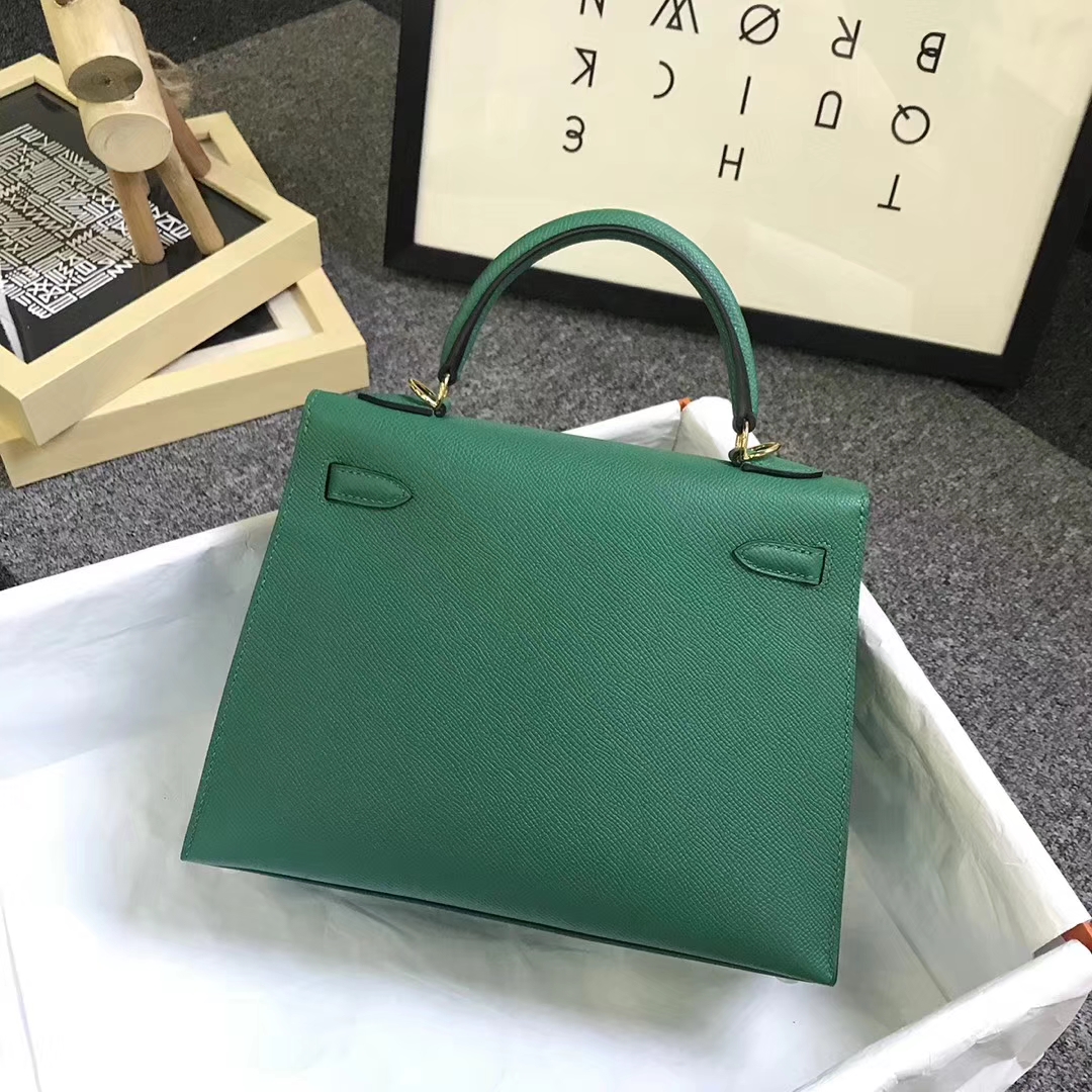 Hermès（爱马仕）U4 丝绒绿 原厂御用顶级Epsom 皮 Kelly 25 外缝 金扣