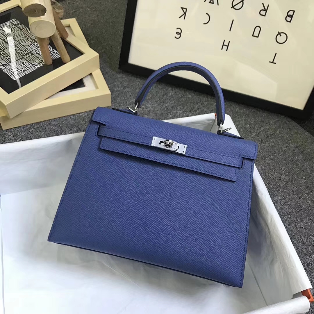 Hermès（爱马仕）7E 明蓝色 原厂御用顶级Epsom 皮 Kelly 25 外缝 银扣