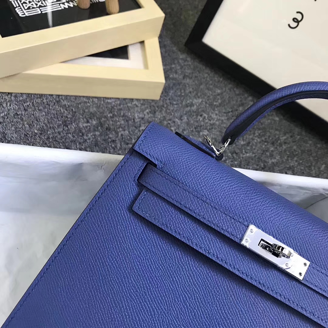 Hermès（爱马仕）7E 明蓝色 原厂御用顶级Epsom 皮 Kelly 25 外缝 银扣