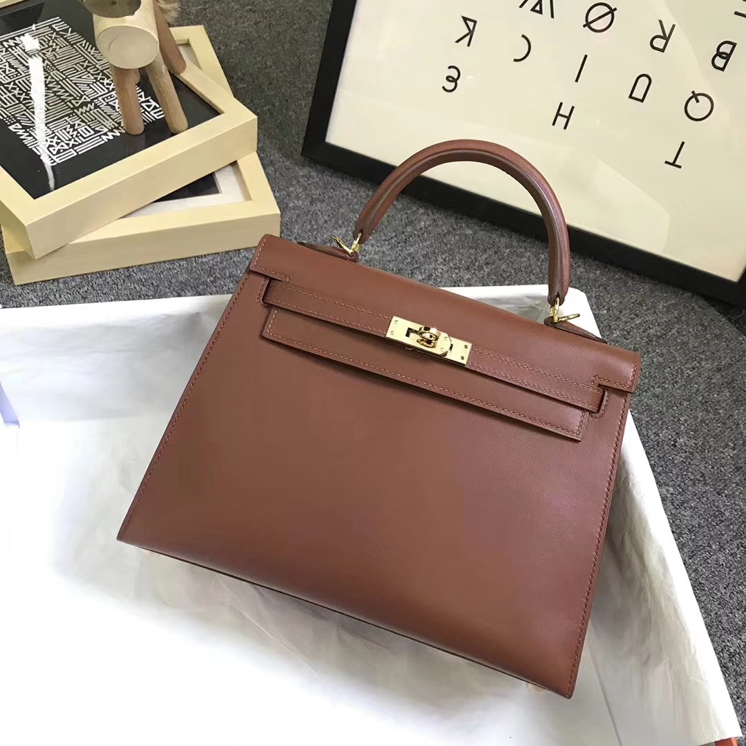 Hermès（爱马仕）蜜糖棕色 原厂御用顶级Swift 皮 Kelly 25 外缝 金扣