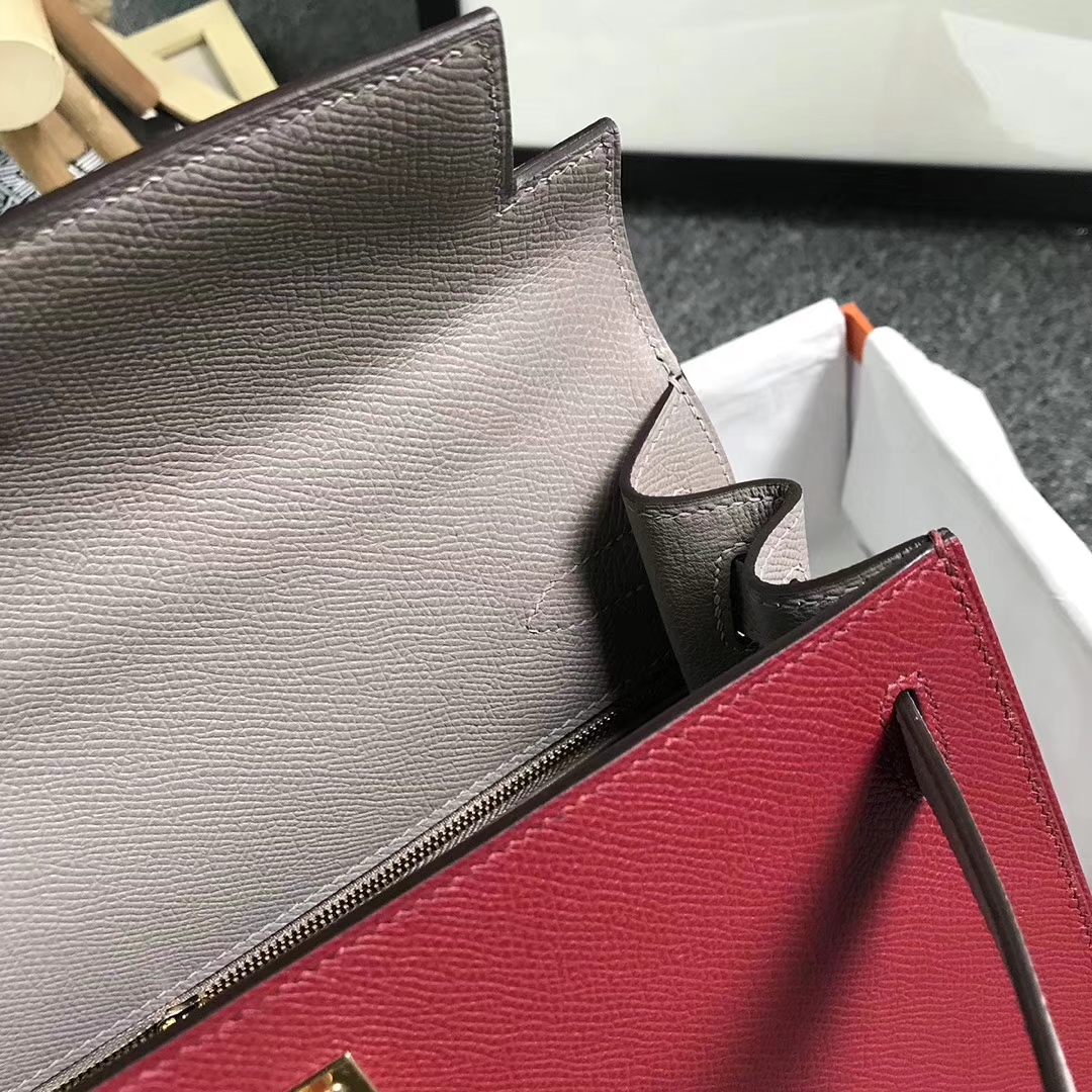 Hermès（爱马仕）K1石榴红拼M8沥青灰 原厂御用顶级Epsom 皮 Kelly 28 外缝 金扣