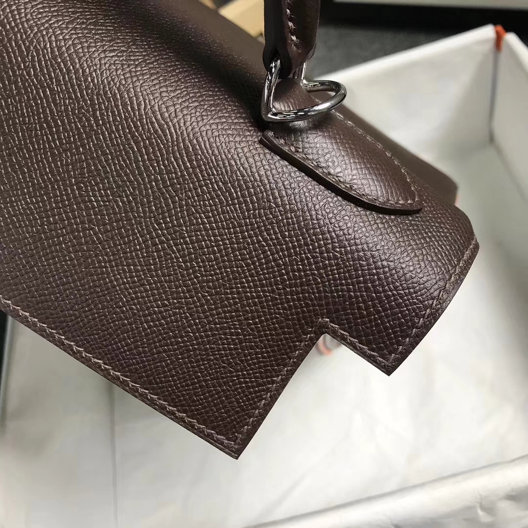 Hermès（爱马仕）巧克力拼经典橙色 原厂御用顶级Epsom 皮 Kelly 32 内缝 银扣