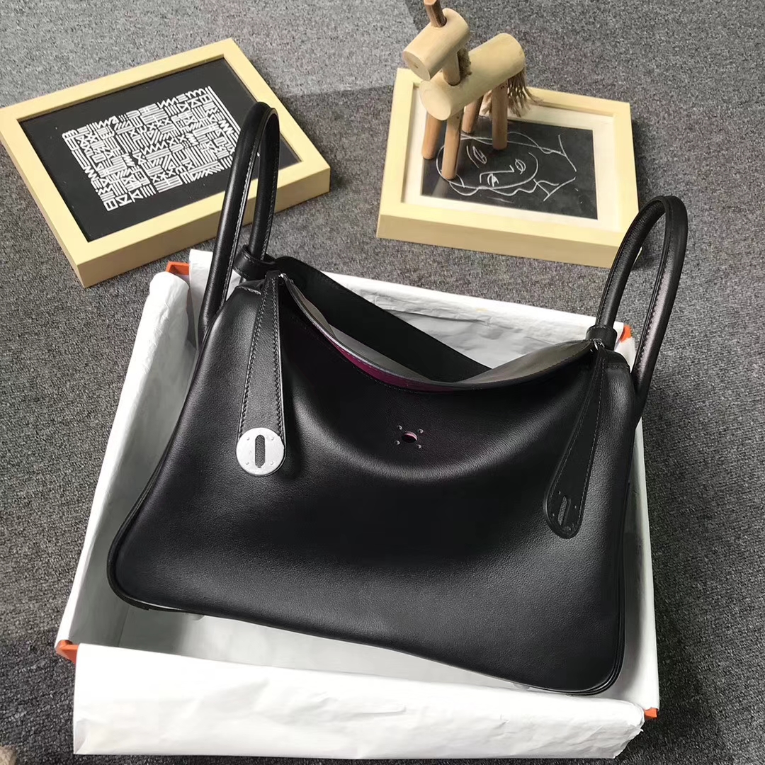 Hermès（爱马仕）黑色内拼L3 玫瑰紫色 原厂御用顶级Swift 皮 Lindy 30 银扣