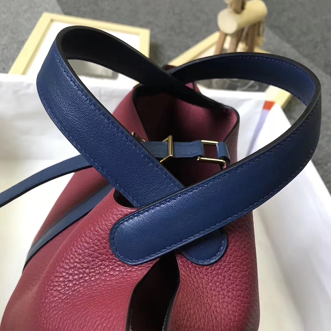 Hermès（爱马仕）石榴红拼宝石蓝 原厂御用顶级TC 皮 Picotin  Lock 18 cm 金扣