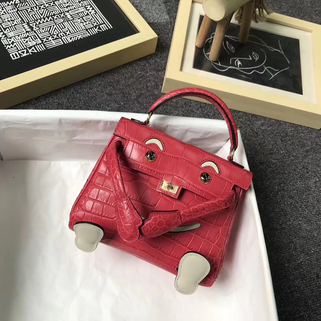 Hermès（爱马仕）S5番茄红鳄鱼皮拼奶昔白Swift 皮 Kelly doll 金扣
